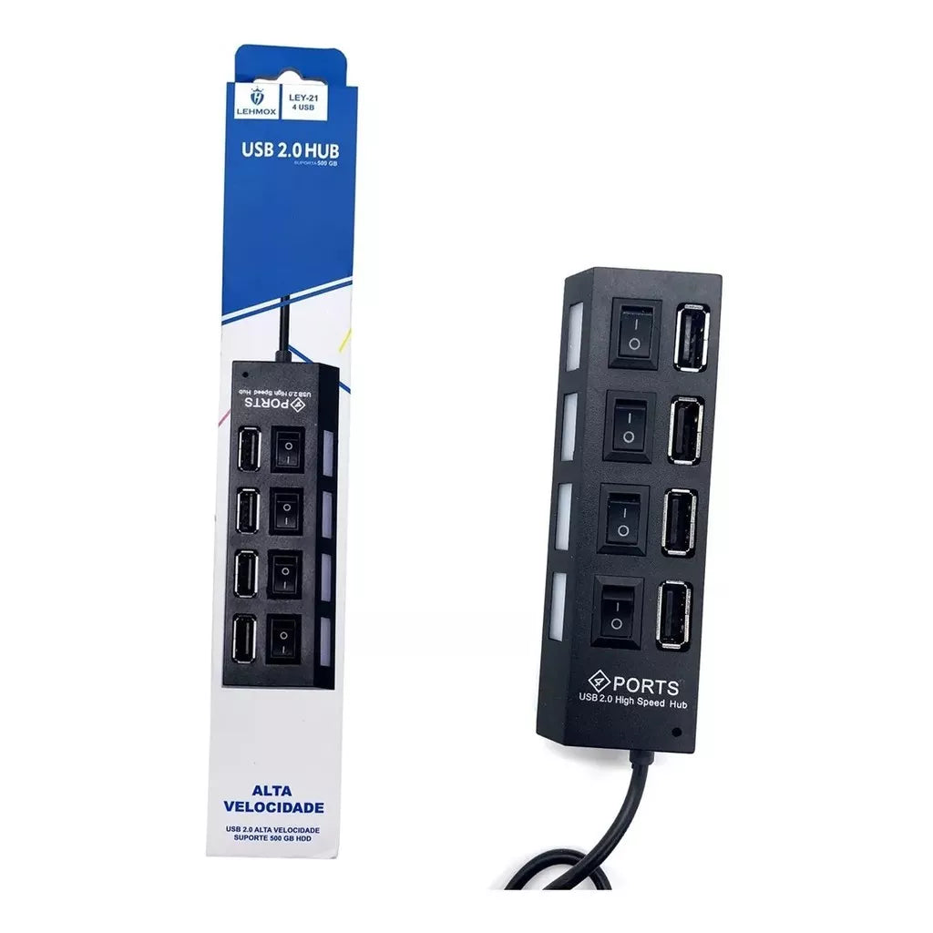 Hub USB com 4 Entradas USB 2.0 de Alta Velocidade com Botão Liga/Desliga