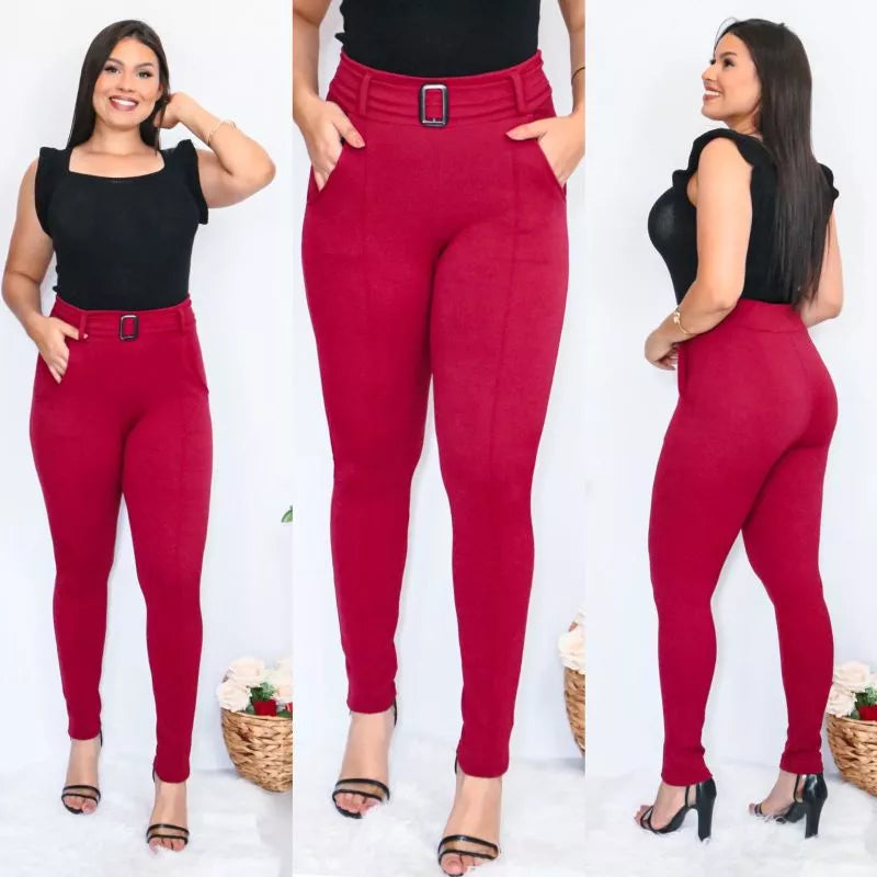 Calça Feminina de Malha Crepe com Cinto Cintura Alta Skinny/Flare Pura Elegância