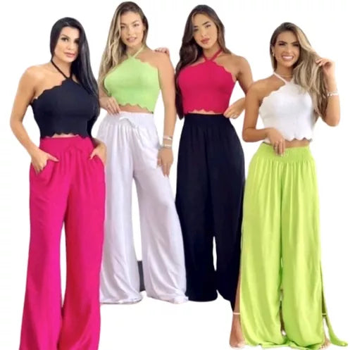 Calça Pantalona Feminina Fendas Laterais Cintura Cordão Forrado