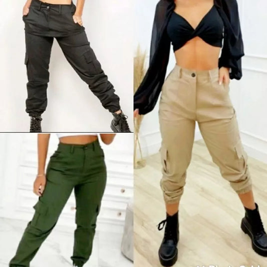 Calça Feminina Jogger Cargo Sarja Com Bolso Moda Blogueira Tendência