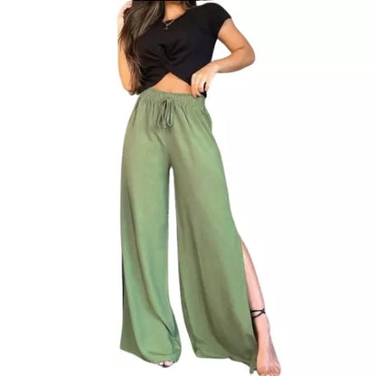 Calça Pantalona Feminina Fendas Laterais Cintura Cordão Forrado