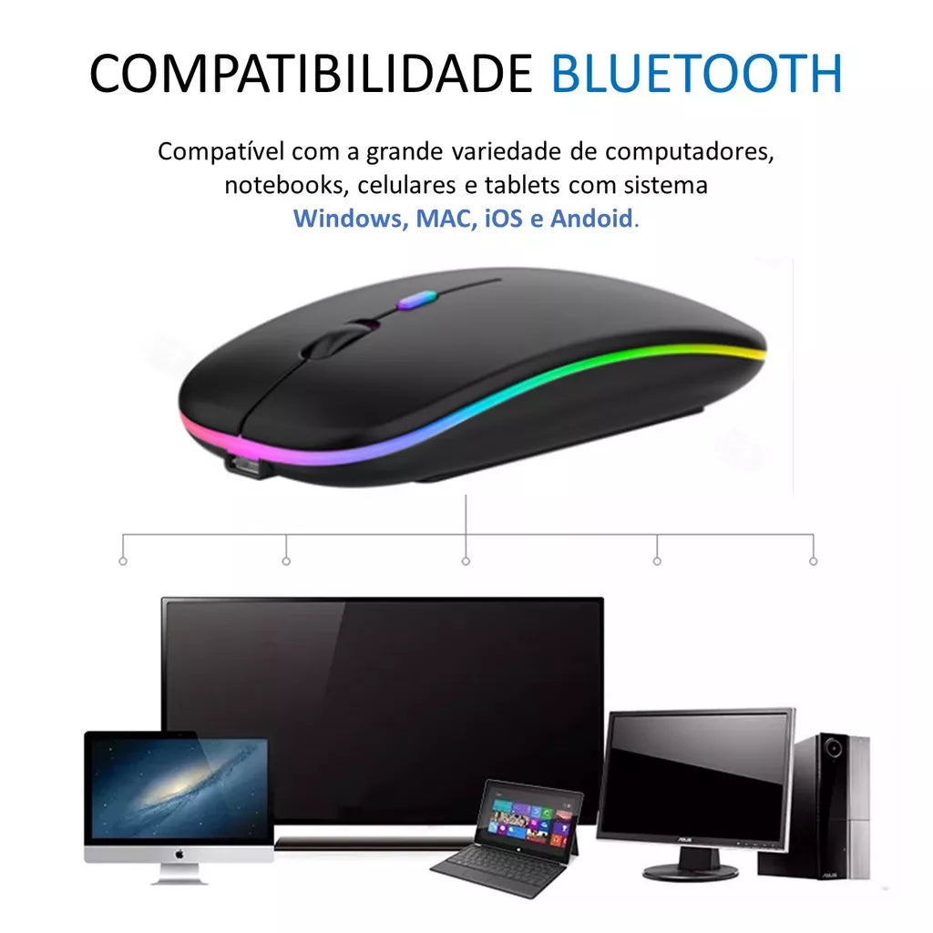 Mouse Bluetooth e Wireless Recarregável Sem Fio Gamer Led Rgb 2.4 ghz Bt 5.0 Compatível com Celular Notebook Computador Tablet