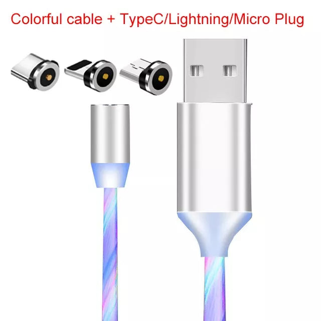 1 M Luz Fluxo Magnético Led Cabo Micro Usb Tipo C Rápido Carregamento Fio Cabo Para Cabos De Carregador Do Telefone