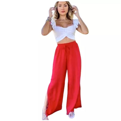 Calça Pantalona Feminina Fendas Laterais Cintura Cordão Forrado