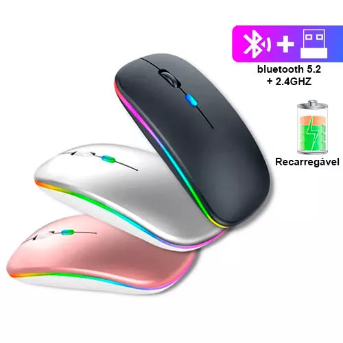 Mouse Bluetooth e Wireless Recarregável Sem Fio Gamer Led Rgb 2.4 ghz Bt 5.0 Compatível com Celular Notebook Computador Tablet