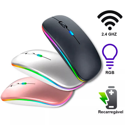 Mouse Bluetooth e Wireless Recarregável Sem Fio Gamer Led Rgb 2.4 ghz Bt 5.0 Compatível com Celular Notebook Computador Tablet