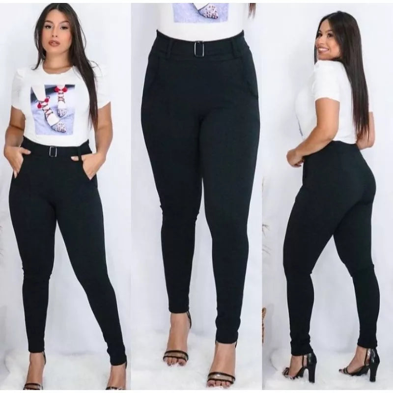 Calça Feminina de Malha Crepe com Cinto Cintura Alta Skinny/Flare Pura Elegância