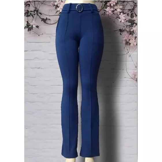 Calça Feminina de Malha Crepe com Cinto Cintura Alta Skinny/Flare Pura Elegância