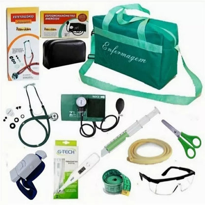 Kit Luxo de Enfermagem 10 itens  C/ Estetoscópio Duplo Rappaport/  Esfigmomanômetro PREMIUM