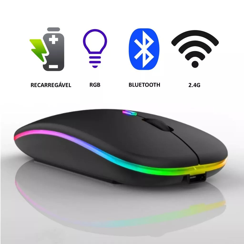 Mouse Bluetooth e Wireless Recarregável Sem Fio Gamer Led Rgb 2.4 ghz Bt 5.0 Compatível com Celular Notebook Computador Tablet