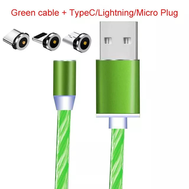 1 M Luz Fluxo Magnético Led Cabo Micro Usb Tipo C Rápido Carregamento Fio Cabo Para Cabos De Carregador Do Telefone