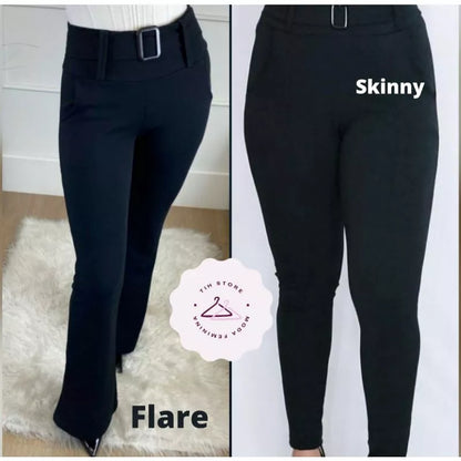 Calça Feminina de Malha Crepe com Cinto Cintura Alta Skinny/Flare Pura Elegância