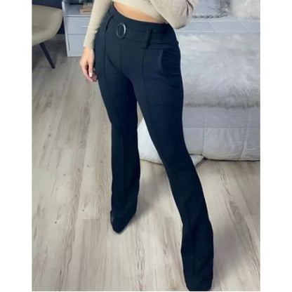 Calça Feminina de Malha Crepe com Cinto Cintura Alta Skinny/Flare Pura Elegância