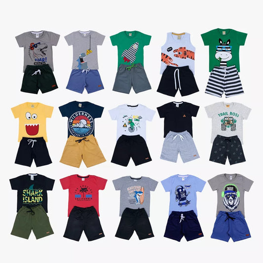 Kit Sortido 10 Peças de Roupas Infantil Menino- 5 Camisetas + 5 Bermudas - Promoção - Kit com 5 Conjuntos de Roupa Infantil Menino Verão Masculino Bebe Barato