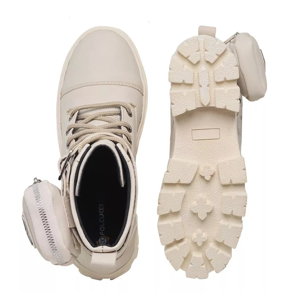 Coturno Feminino Nude Off White Plataforma Com Bag Bota Com bolsinha