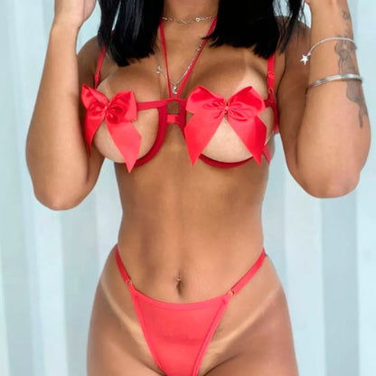 Conjunto de Lingerie Sensual Sutiã Aro Laço Calcinha Fio Dental de Tule