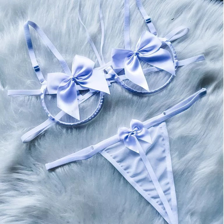 Conjunto de Lingerie Sensual Sutiã Aro Laço Calcinha Fio Dental de Tule