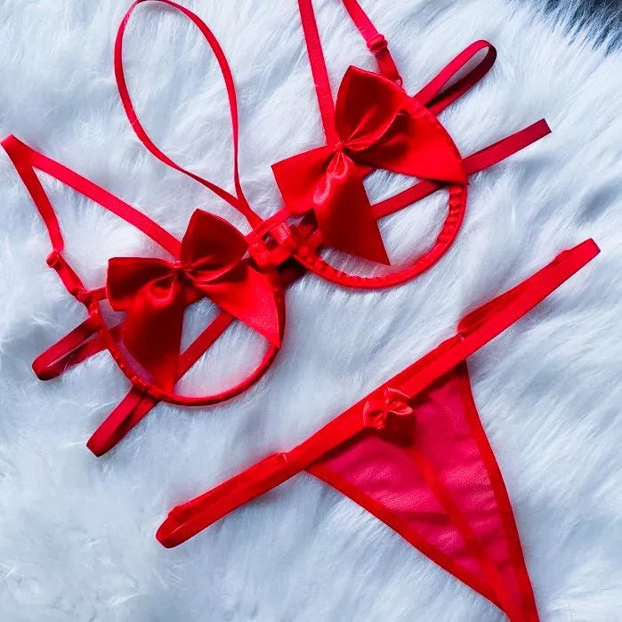 Conjunto de Lingerie Sensual Sutiã Aro Laço Calcinha Fio Dental de Tule