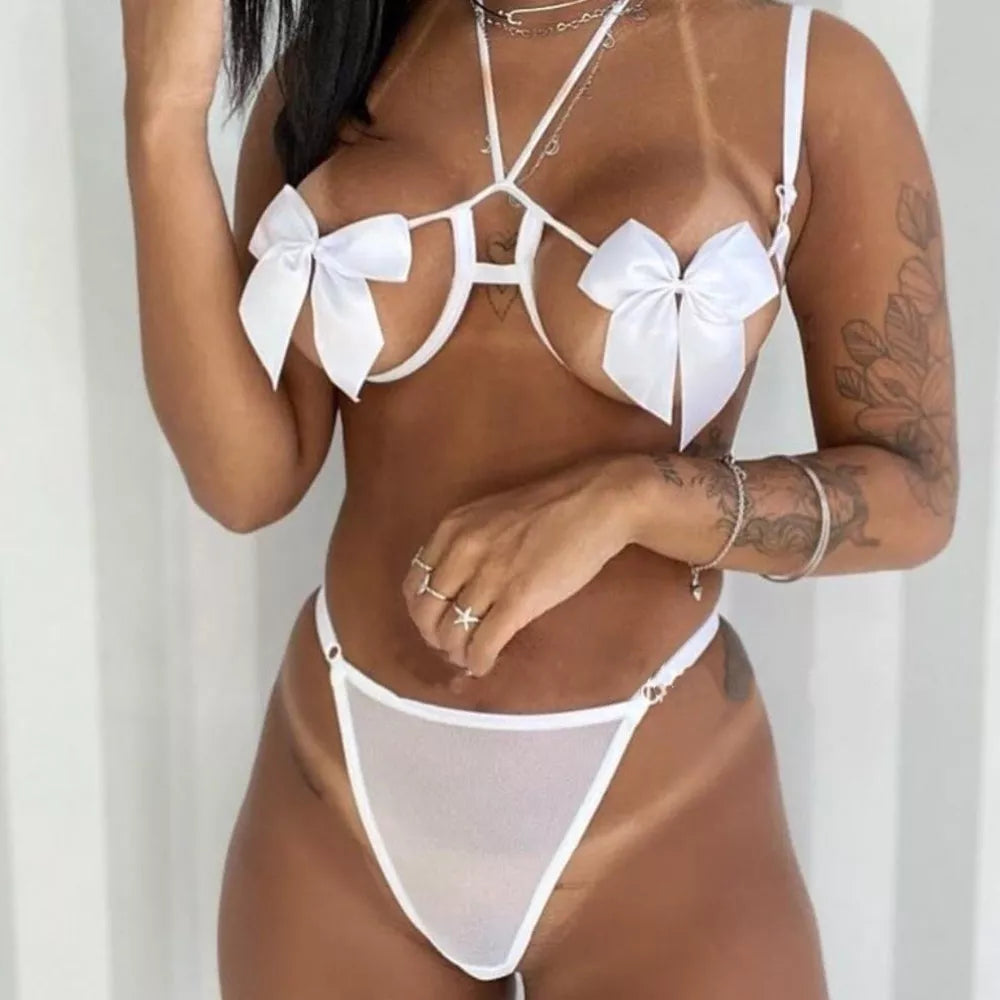 Conjunto de Lingerie Sensual Sutiã Aro Laço Calcinha Fio Dental de Tule