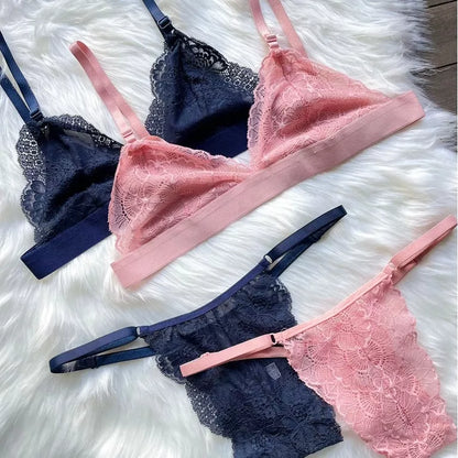 Conjunto De Lingerie Sem Bojo Em Renda E Calcinha Com Regulagem Moda Íntima