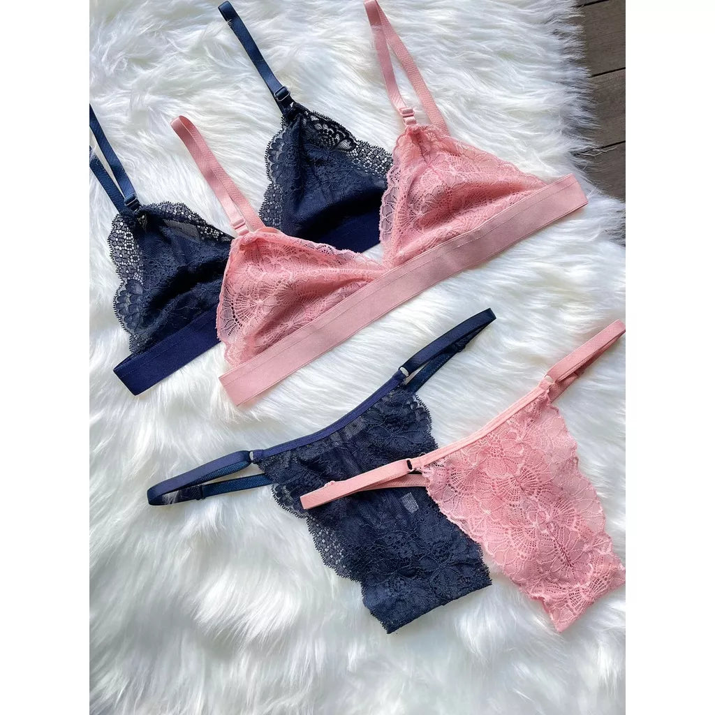 Conjunto De Lingerie Sem Bojo Em Renda E Calcinha Com Regulagem Moda Íntima