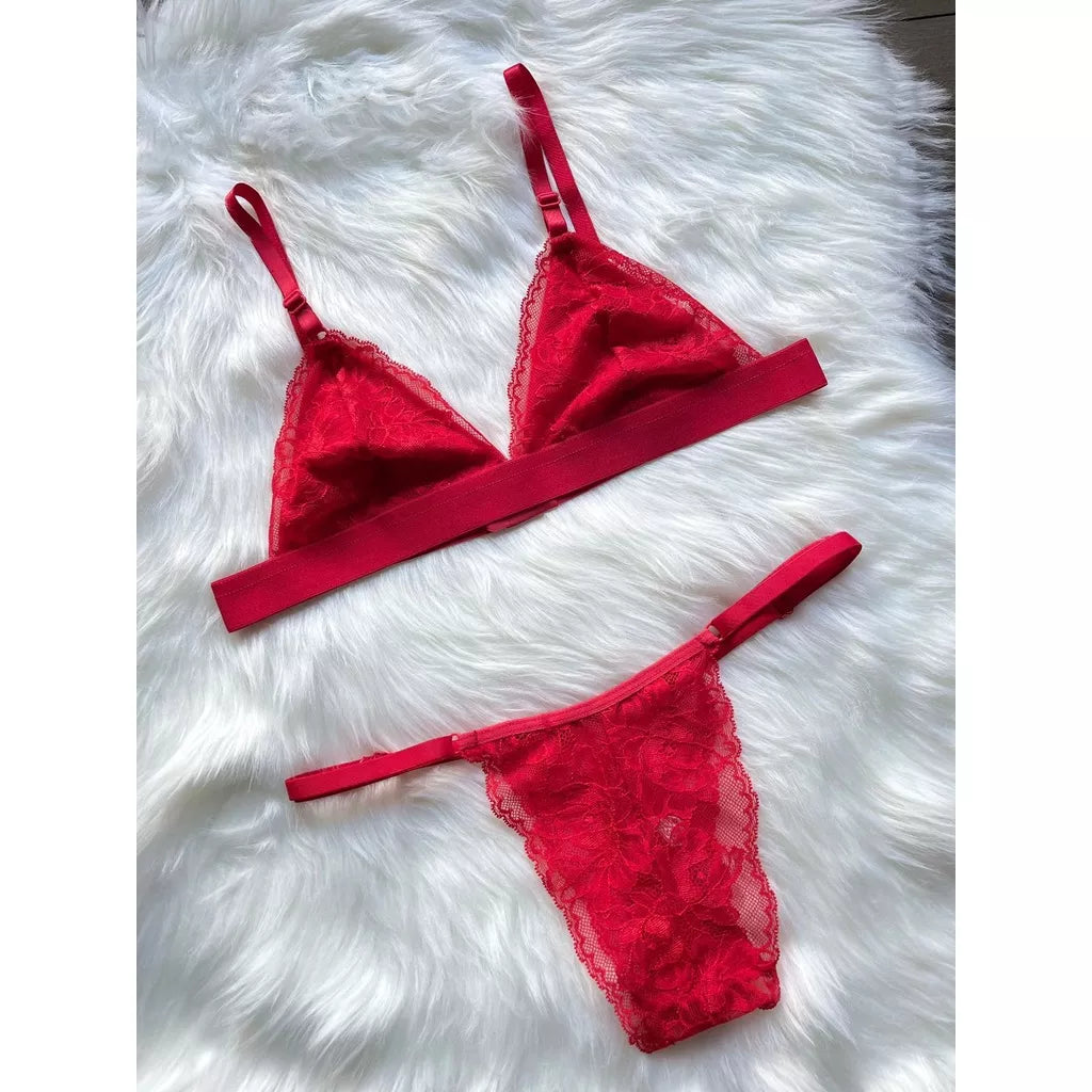 Conjunto De Lingerie Sem Bojo Em Renda E Calcinha Com Regulagem Moda Íntima