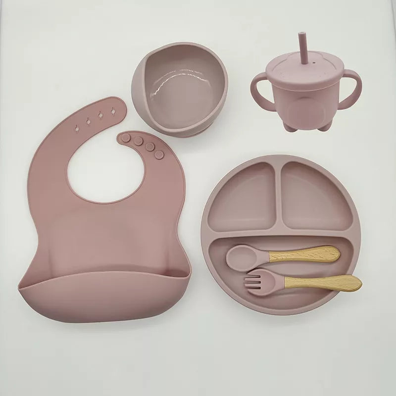 5/6/8pcs Conjunto De Talheres Infantis Para Bebês Complementares De Treinamento De Alimentos Tigela De Sucção De silicone Materno E Crianças