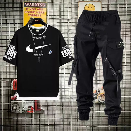 Calça Cargo Feminina Masculina Preta + Conjunto Masculino Com Camiseta Manga Curta E Estilo Hip Hop