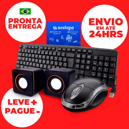 Teclado e Mouse Basico Com Fio Computador + Caixa De Som Pc + Mousepad Kit